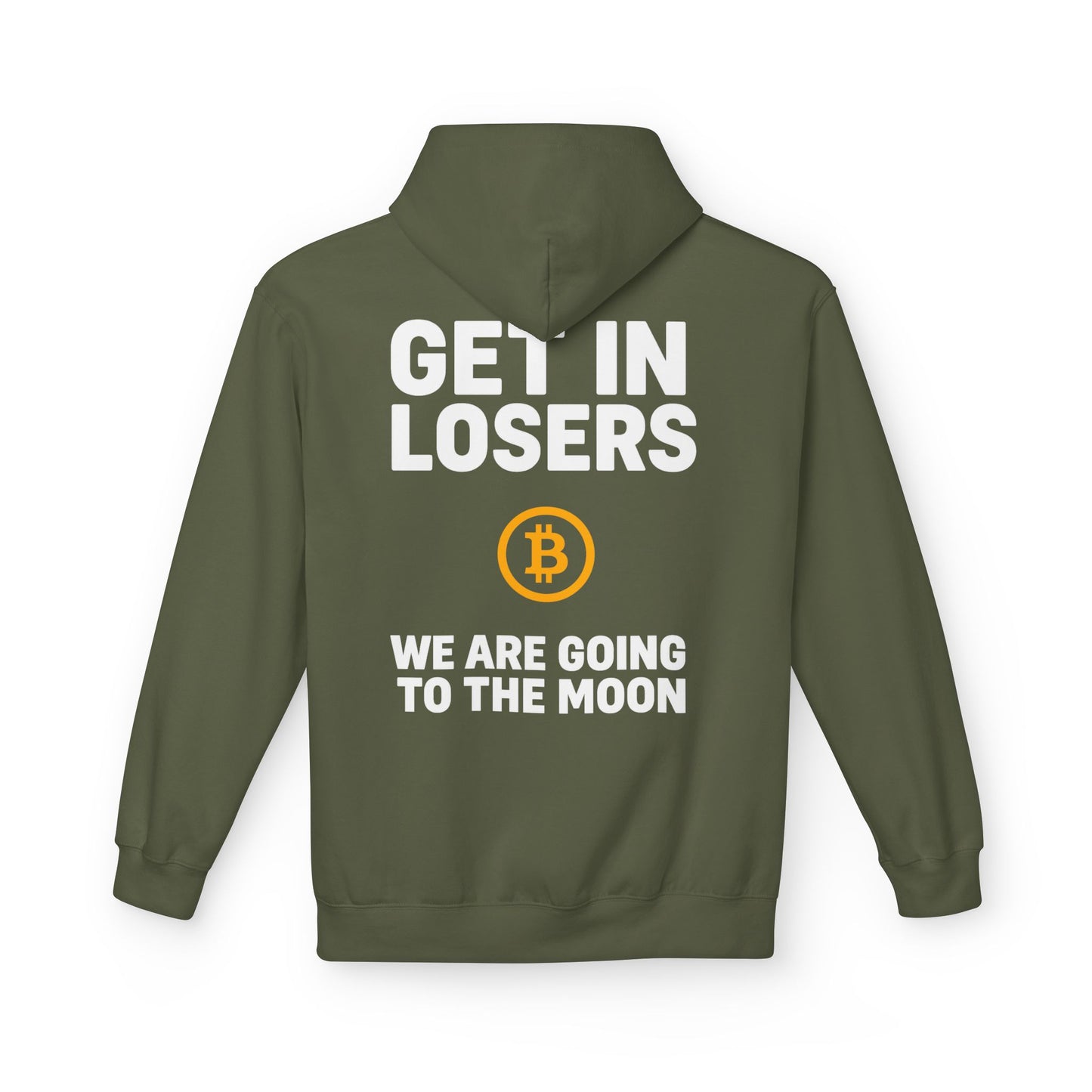Get In Losers Bitcoin Moon Mission Midweight Softstyle Fleece Hoodie (front logo + back design) – Investor Apparel