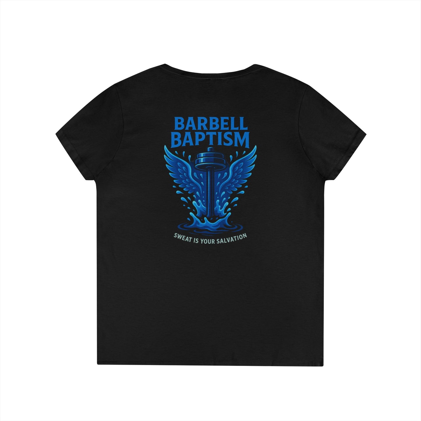 Barbell Baptism V-Neck T-Shirt (front logo + back design) – Gym Apparel