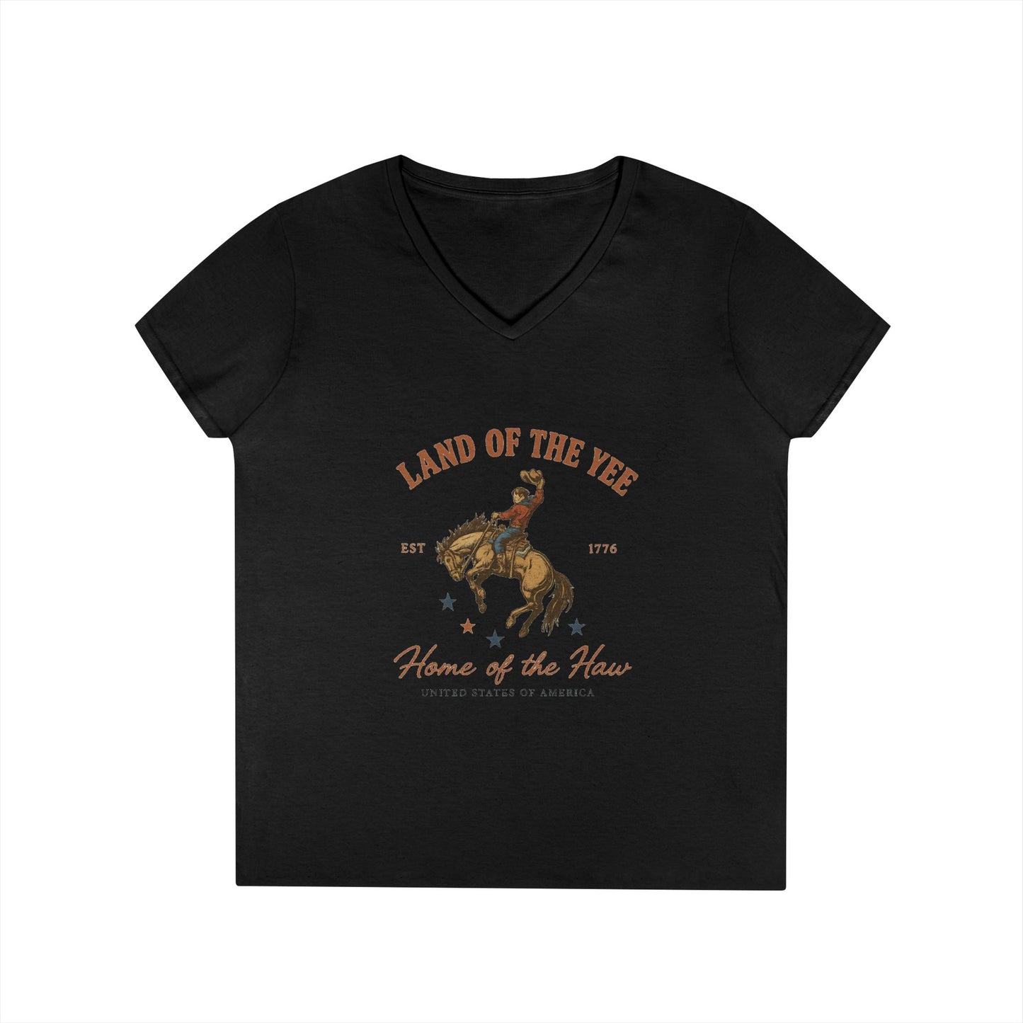 Land of the Yee, Home of the Haw Tee (front design) – Ladies V-Neck American Pride Shirt