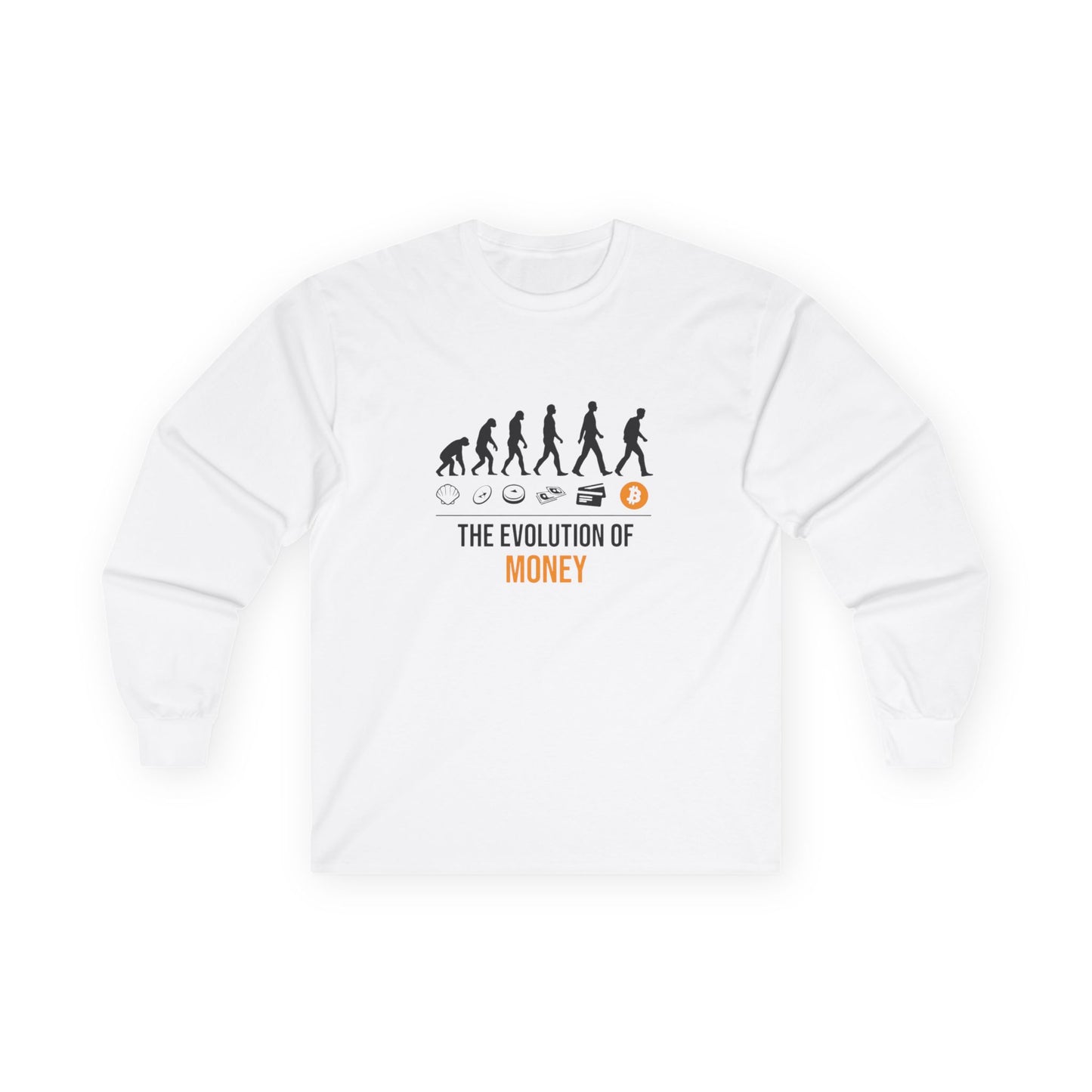 The Evolution of Money Long Sleeve Tee (front design) – Crypto Vault Shirt