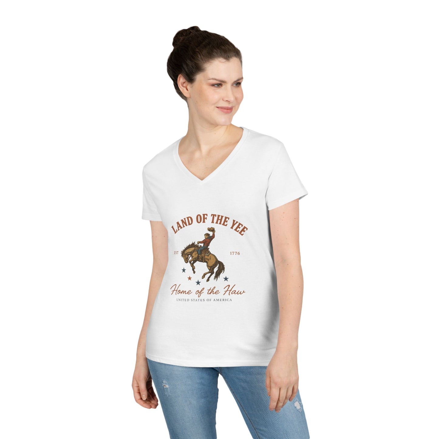 Land of the Yee, Home of the Haw Tee (front design) – Ladies V-Neck American Pride Shirt
