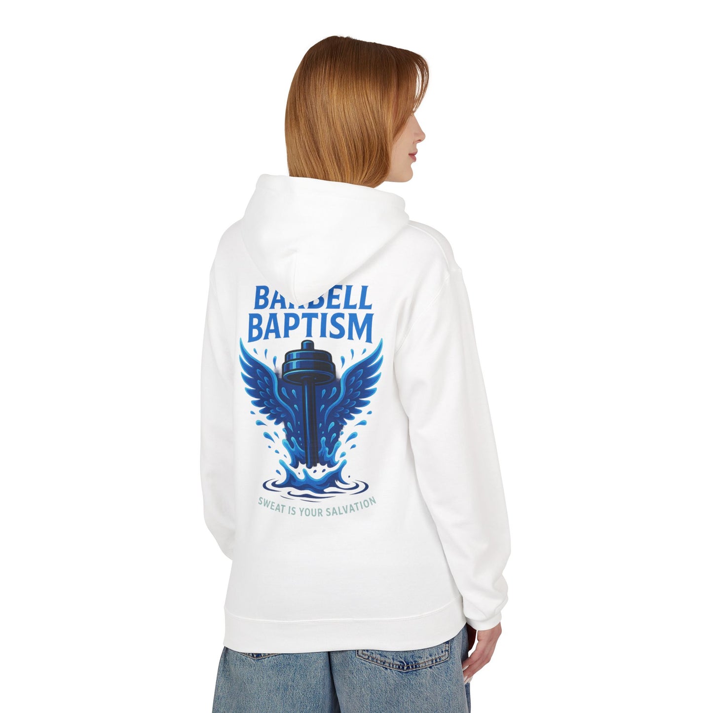 Barbell Baptism Midweight Softstyle Fleece Hoodie (front logo + back design) – Gym Apparel