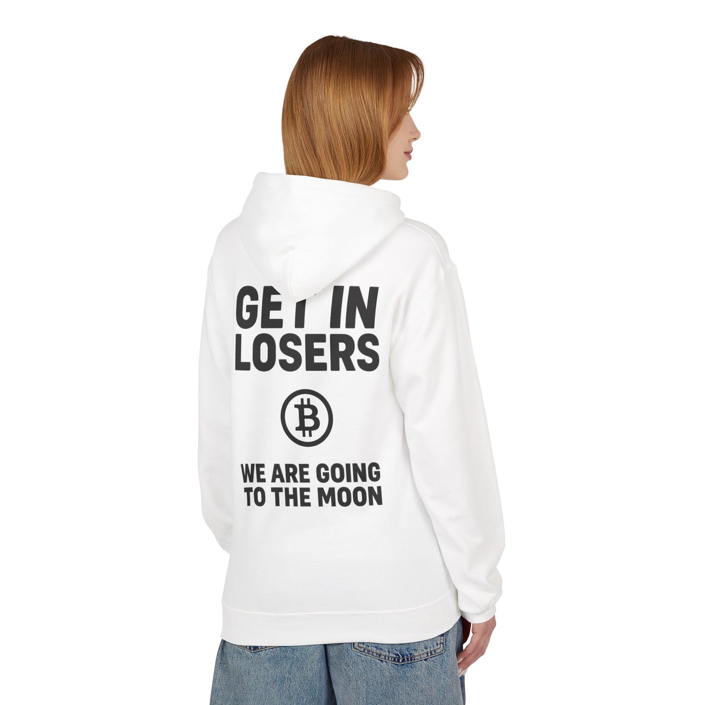 Get In Losers Bitcoin Moon Mission Midweight Softstyle Fleece Hoodie (front logo + back design) – Investor Apparel