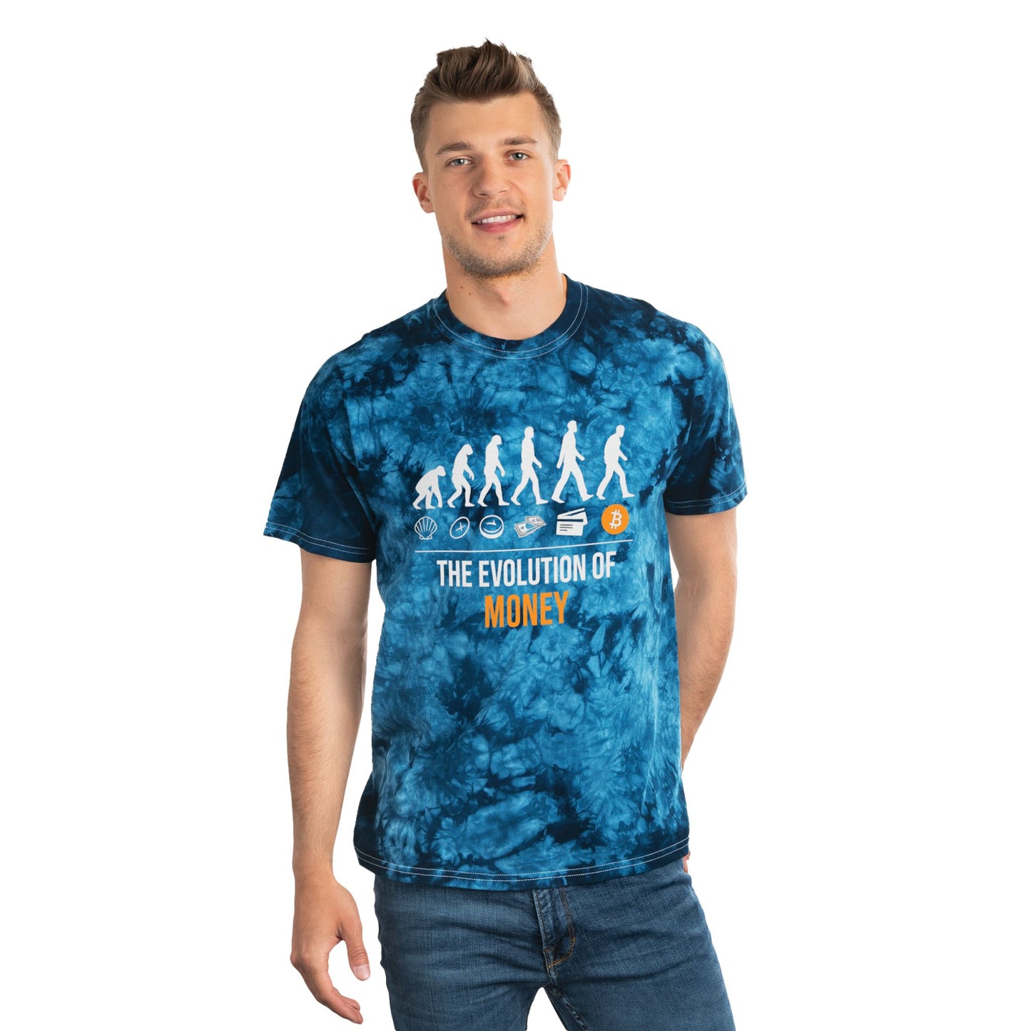 The Evolution of Money Tie-Dye Tee (front design) – Crypto Vault Shirt