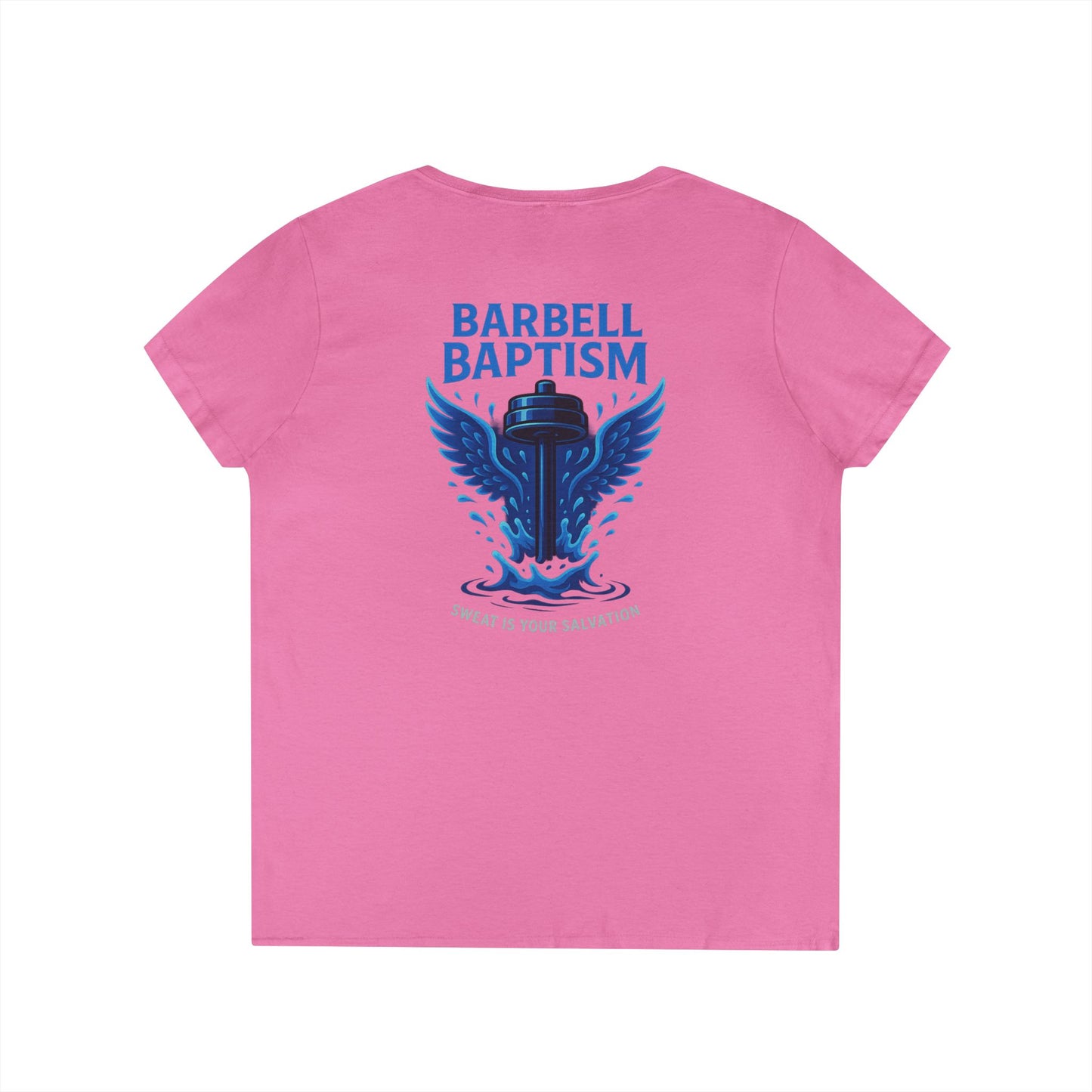 Barbell Baptism V-Neck T-Shirt (front logo + back design) – Gym Apparel