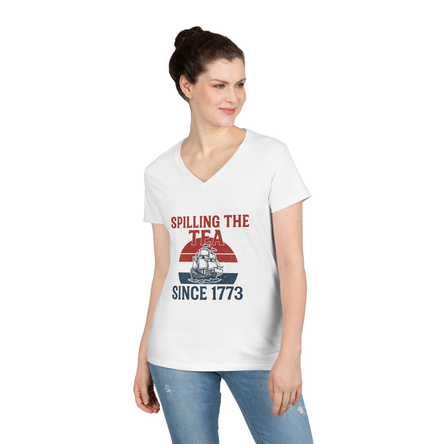 Spillin’ the Tea Since 1773 Tee (front design) – American Pride Ladies V-Neck