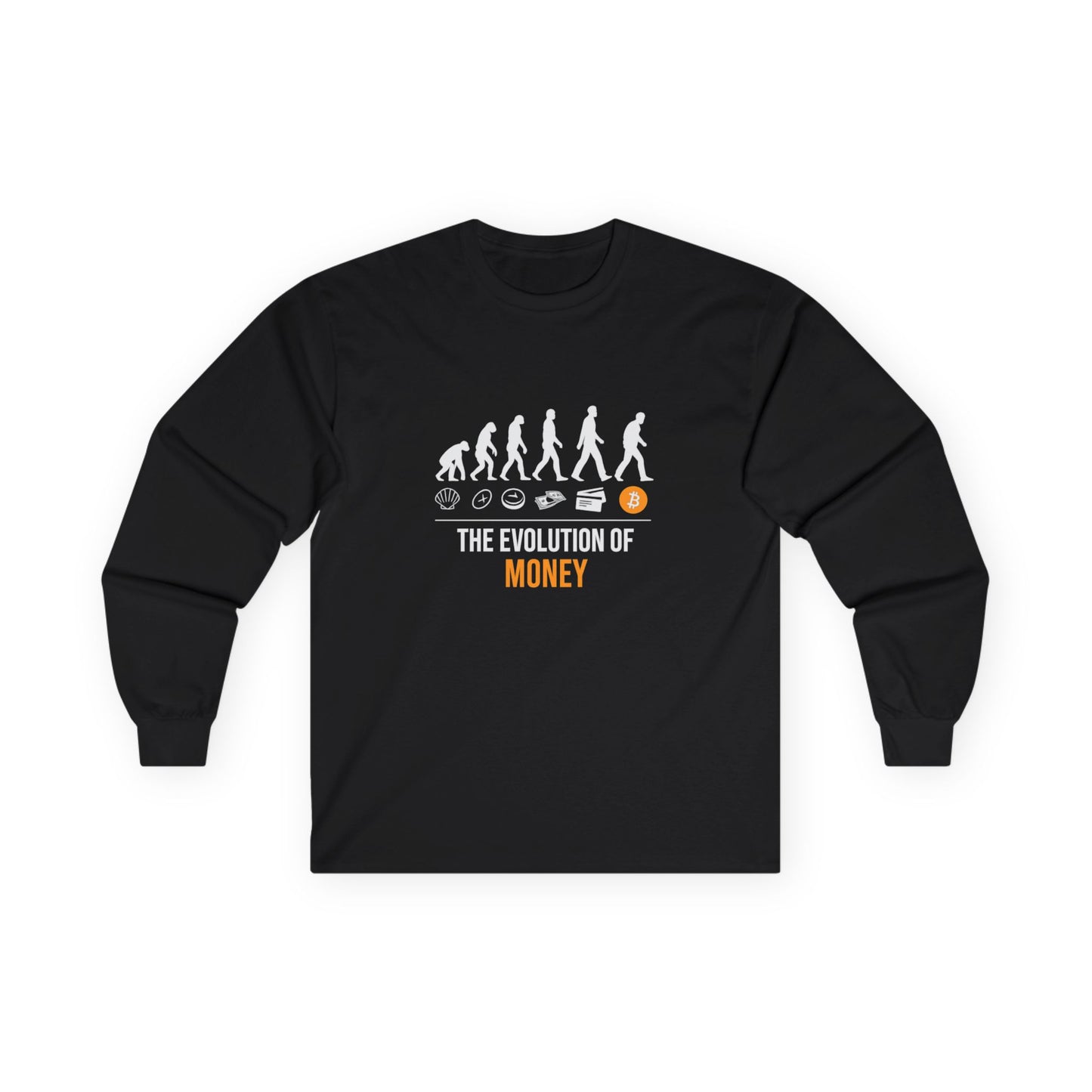 The Evolution of Money Long Sleeve Tee (front design) – Crypto Vault Shirt