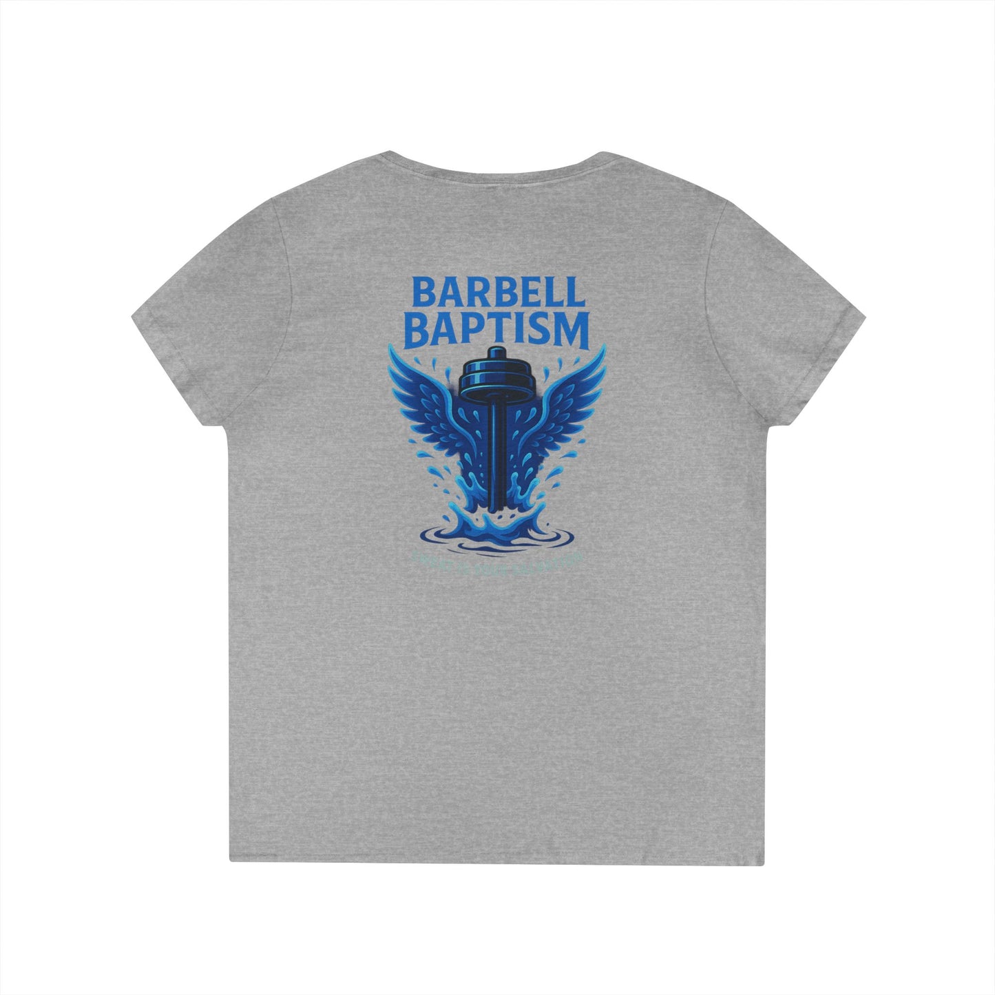 Barbell Baptism V-Neck T-Shirt (front logo + back design) – Gym Apparel