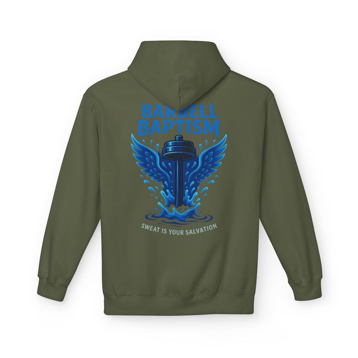 Barbell Baptism Midweight Softstyle Fleece Hoodie (front logo + back design) – Gym Apparel