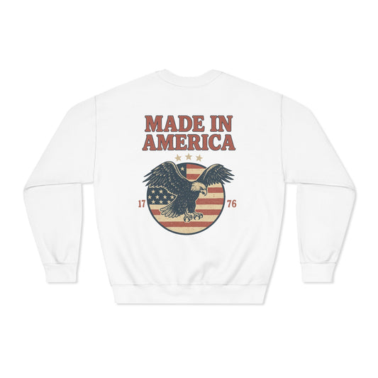 Made in America Crewneck Sweatshirt (front logo + back design) – American Pride Pullover