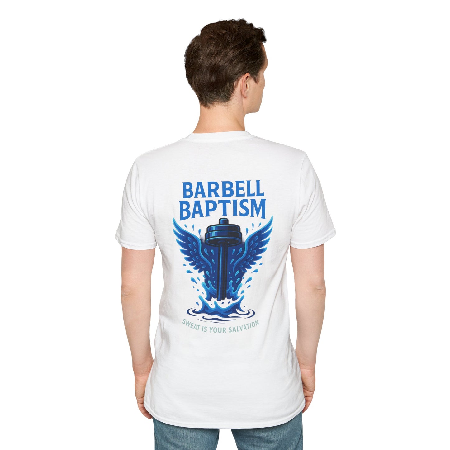 Barbell Baptism T-Shirt (front logo + back design) – Gym Apparel