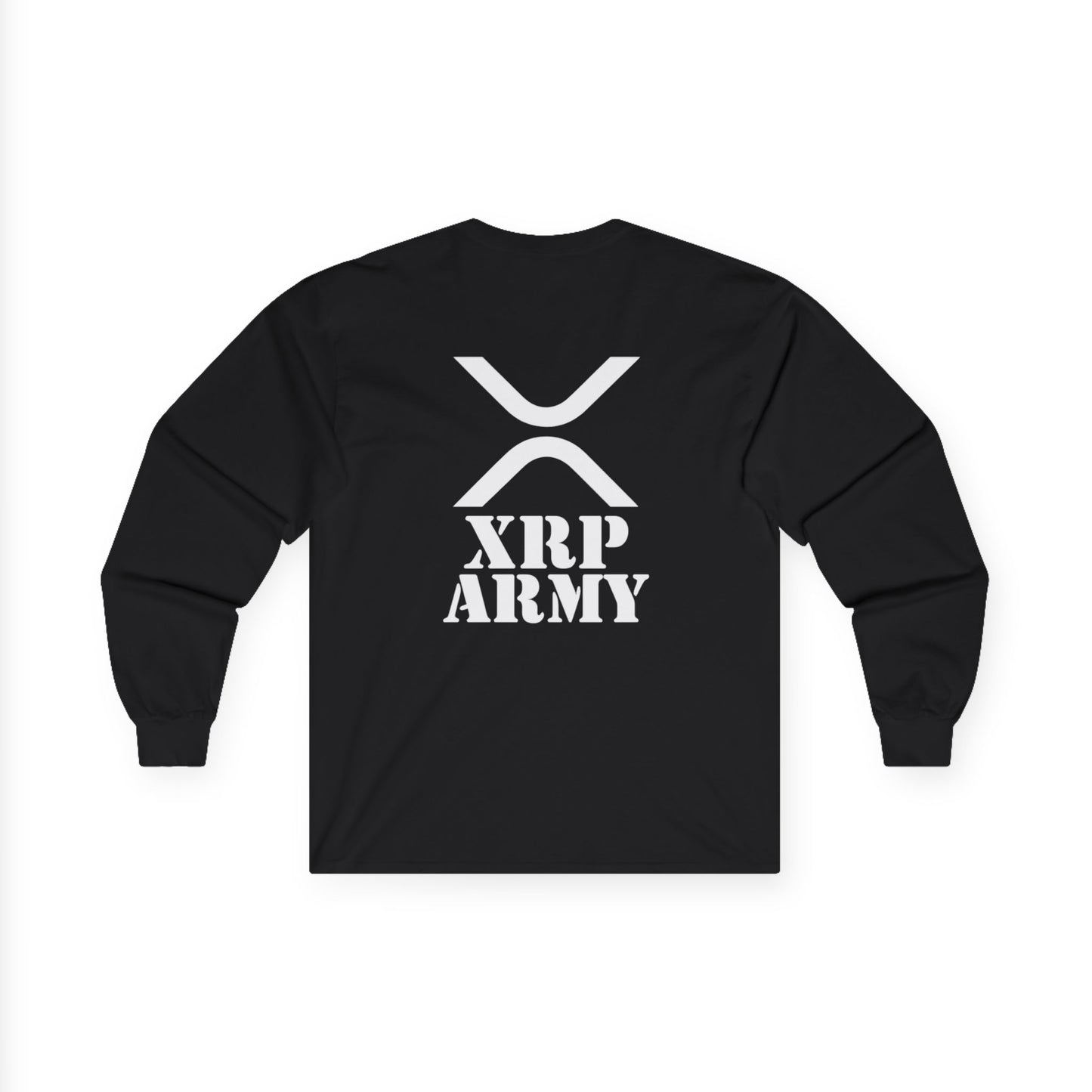 XRP Army Long Sleeve Tee (front logo + back design) – Crypto Vault Shirt