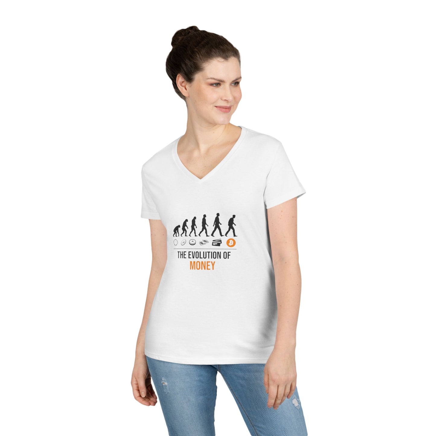 The Evolution of Money V-Neck Tee (front design) – Crypto Vault Shirt