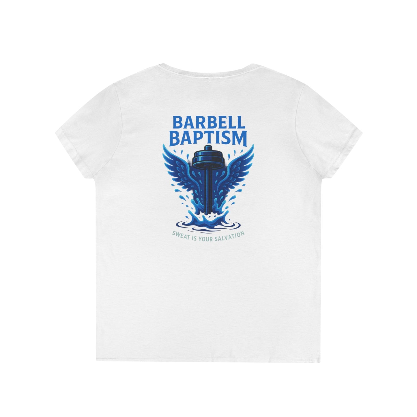 Barbell Baptism V-Neck T-Shirt (front logo + back design) – Gym Apparel