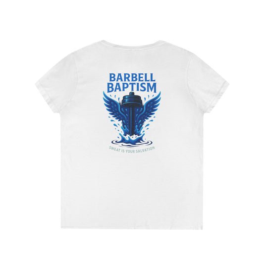 Barbell Baptism V-Neck T-Shirt (front logo + back design) – Gym Apparel