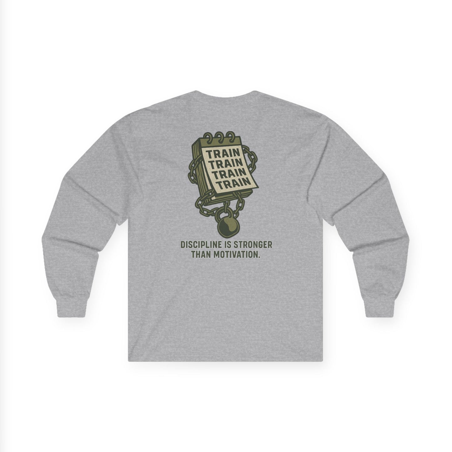 Train, Train, Train Long Sleeve (front logo + back design) – Gym Apparel