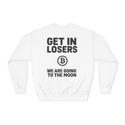 Get In Losers Bitcoin Moon Mission DryBlend Crewneck Sweatshirt (front logo + back design) – Investor Apparel