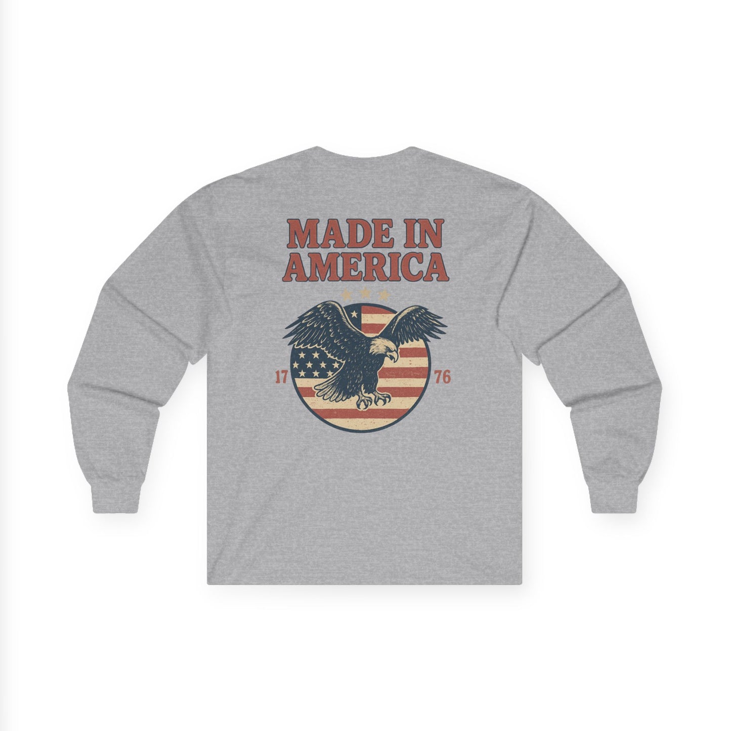 Made in America Long Sleeve Tee (front logo + back design) – American Pride Shirt