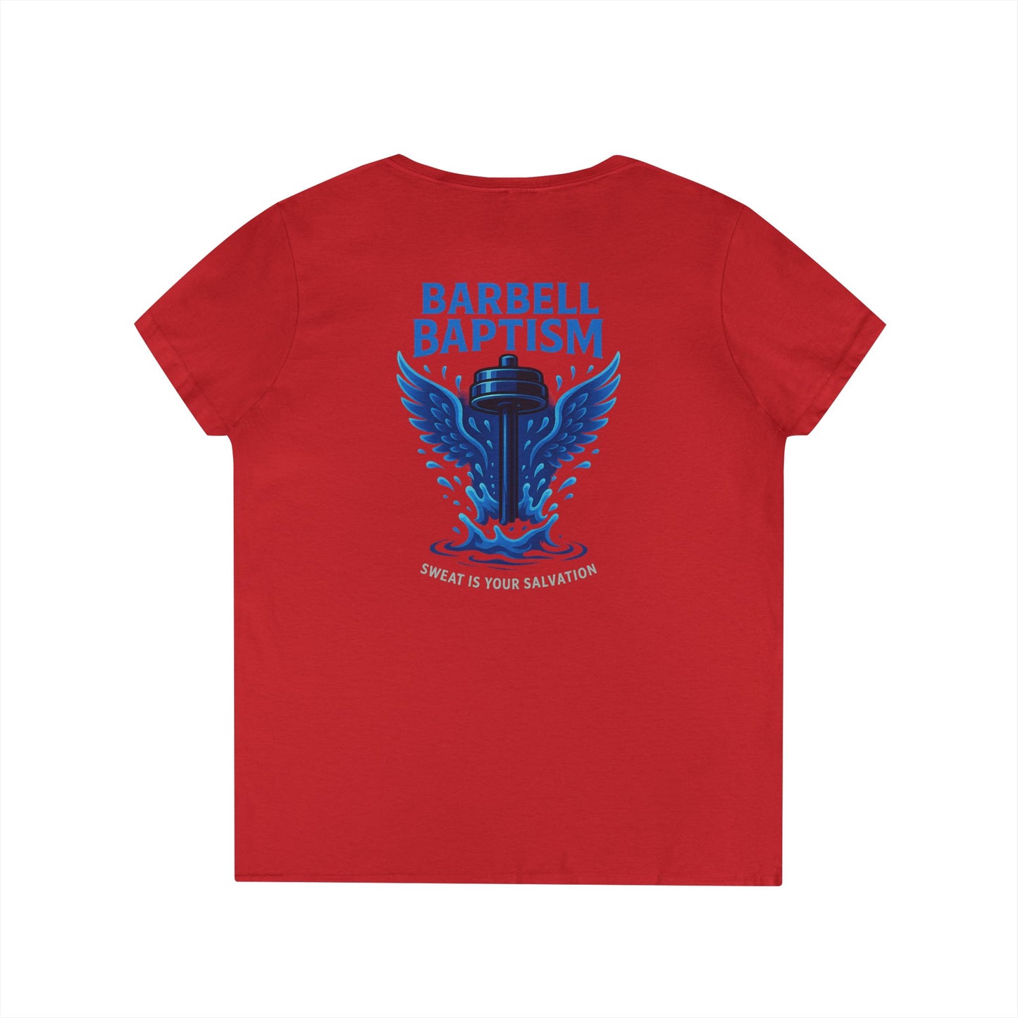 Barbell Baptism V-Neck T-Shirt (front logo + back design) – Gym Apparel