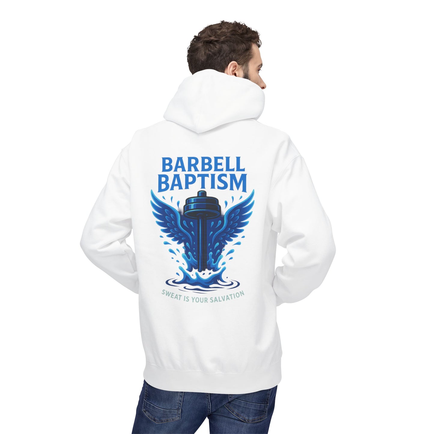 Barbell Baptism Midweight Softstyle Fleece Hoodie (front logo + back design) – Gym Apparel