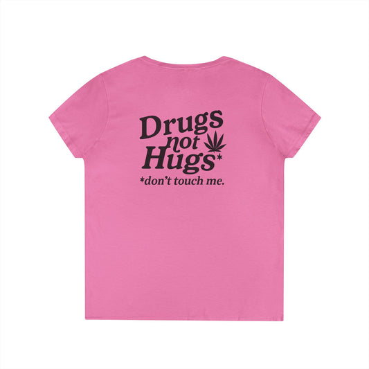 Drugs Not Hugs V-Neck Tee (front logo + back design) – Meme Apparel