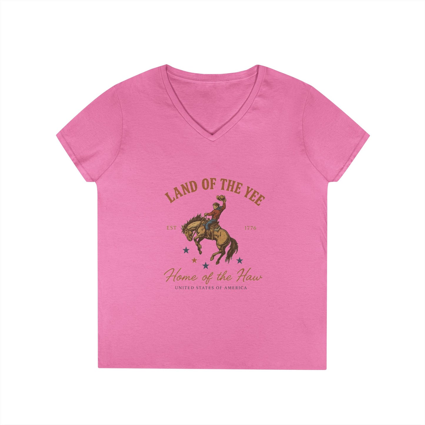 Land of the Yee, Home of the Haw Tee (front design) – Ladies V-Neck American Pride Shirt