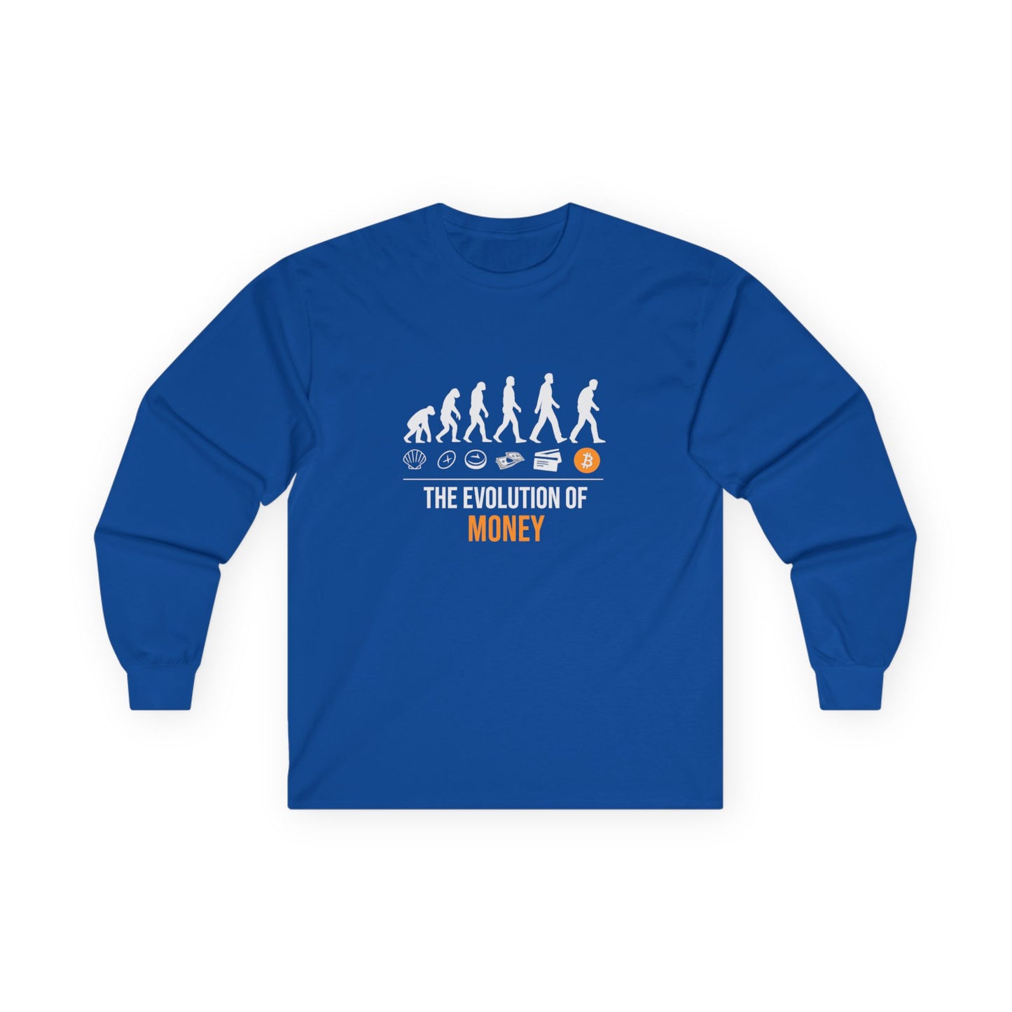 The Evolution of Money Long Sleeve Tee (front design) – Crypto Vault Shirt