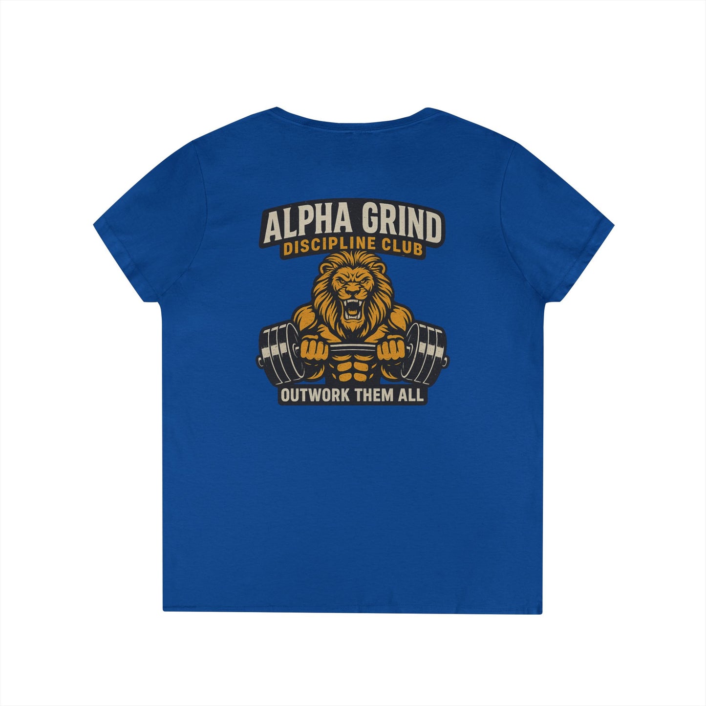 Alpha Grind Ladies' V-Neck T-Shirt (front logo + back design) — Gym Apparel