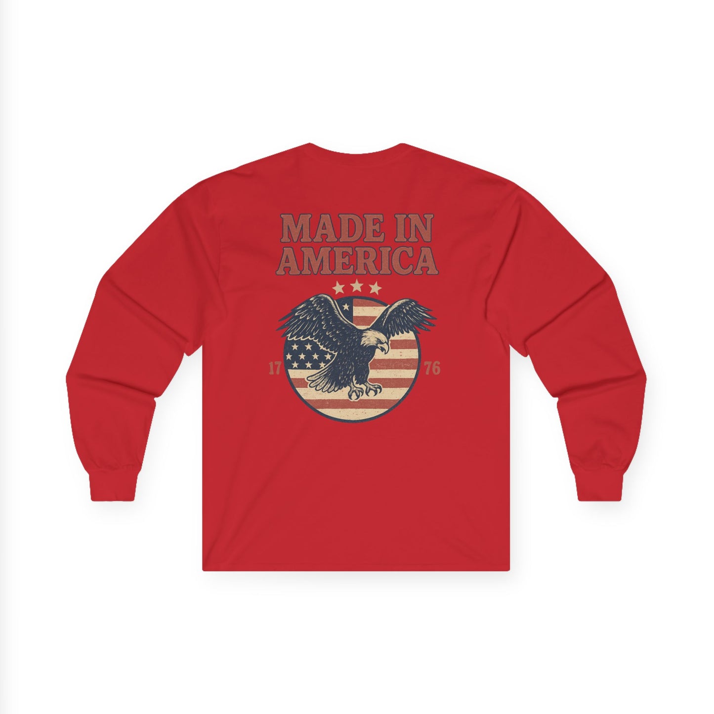 Made in America Long Sleeve Tee (front logo + back design) – American Pride Shirt