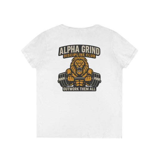 Alpha Grind Ladies' V-Neck T-Shirt (front logo + back design) — Gym Apparel