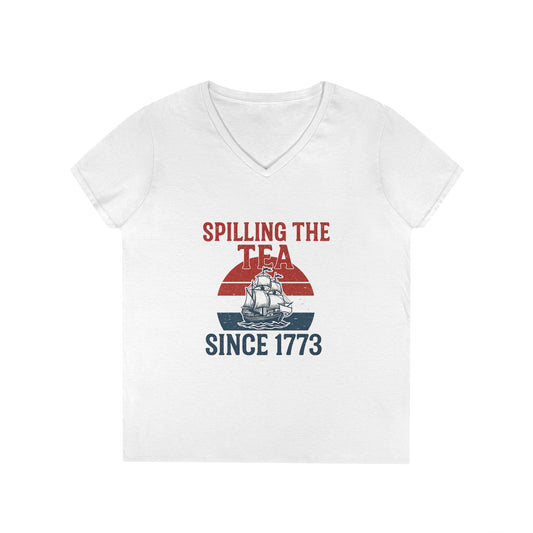 Spillin’ the Tea Since 1773 Tee (front design) – American Pride Ladies V-Neck