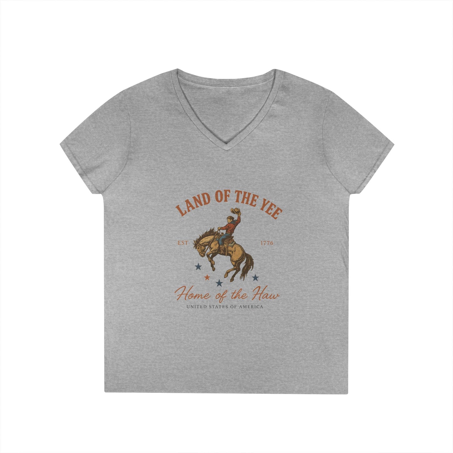 Land of the Yee, Home of the Haw Tee (front design) – Ladies V-Neck American Pride Shirt