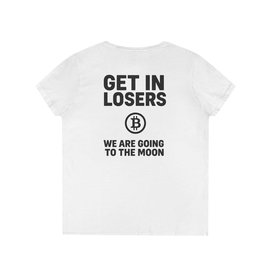 Get In Losers Bitcoin Moon Mission V-Neck T-Shirt (front logo + back design) – Investor Apparel