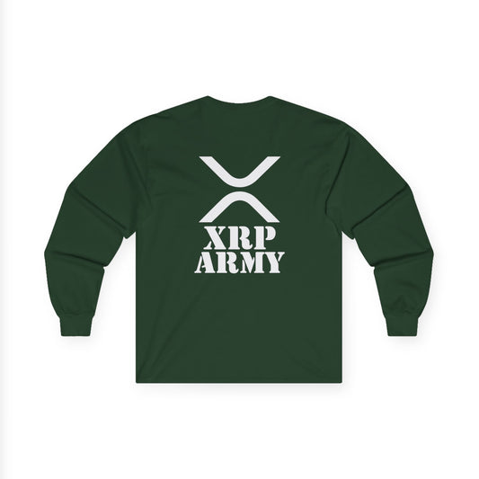 XRP Army Long Sleeve Tee (front logo + back design) – Crypto Vault Shirt