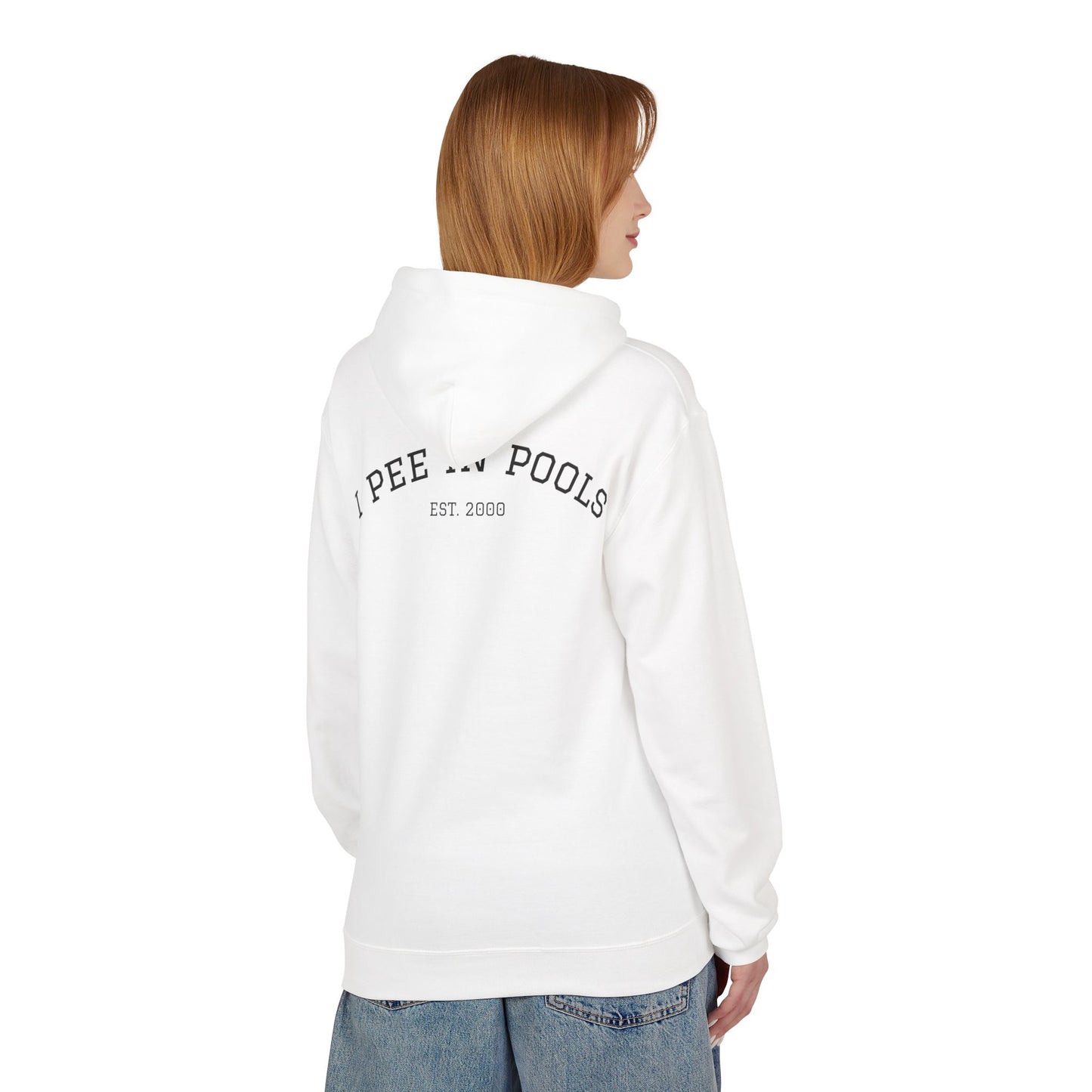 I Pee In Pools Midweight Softstyle Fleece Hoodie (front logo + back design) - Meme Apparel