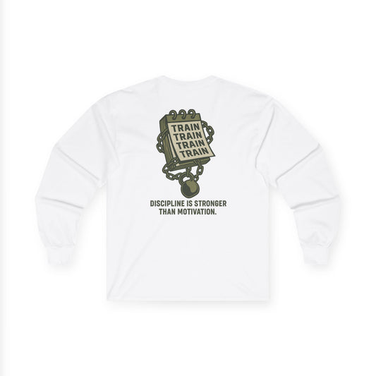 Train, Train, Train Long Sleeve (front logo + back design) – Gym Apparel