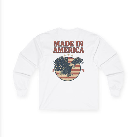 Made in America Long Sleeve Tee (front logo + back design) – American Pride Shirt
