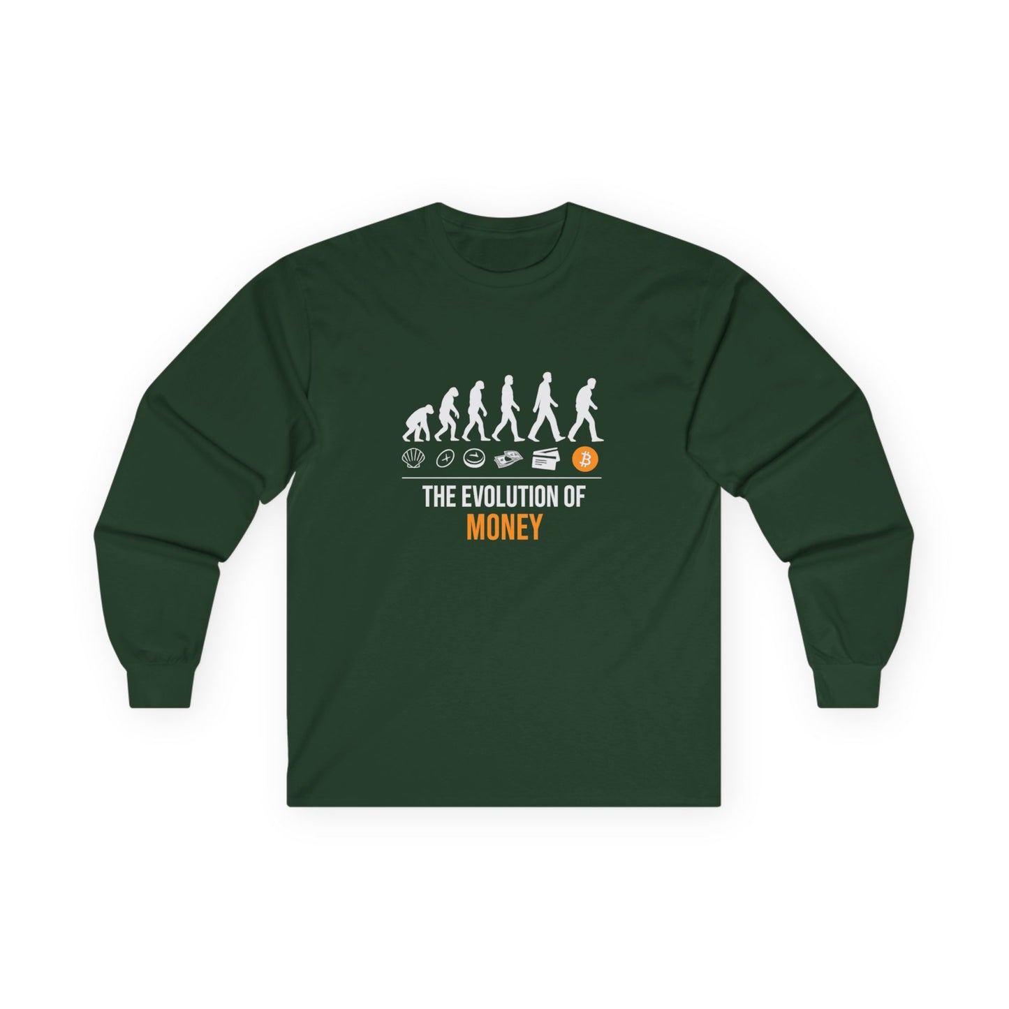 The Evolution of Money Long Sleeve Tee (front design) – Crypto Vault Shirt