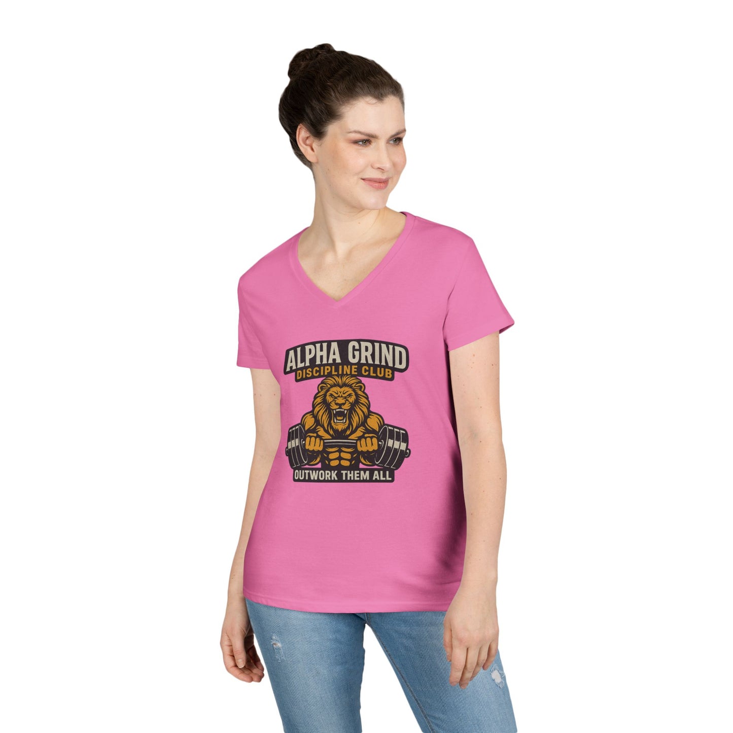 Alpha Grind Ladies' V-Neck T-Shirt (front design) — Gym Apparel