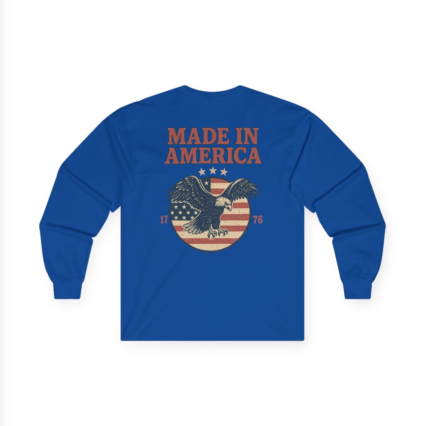 Made in America Long Sleeve Tee (front logo + back design) – American Pride Shirt