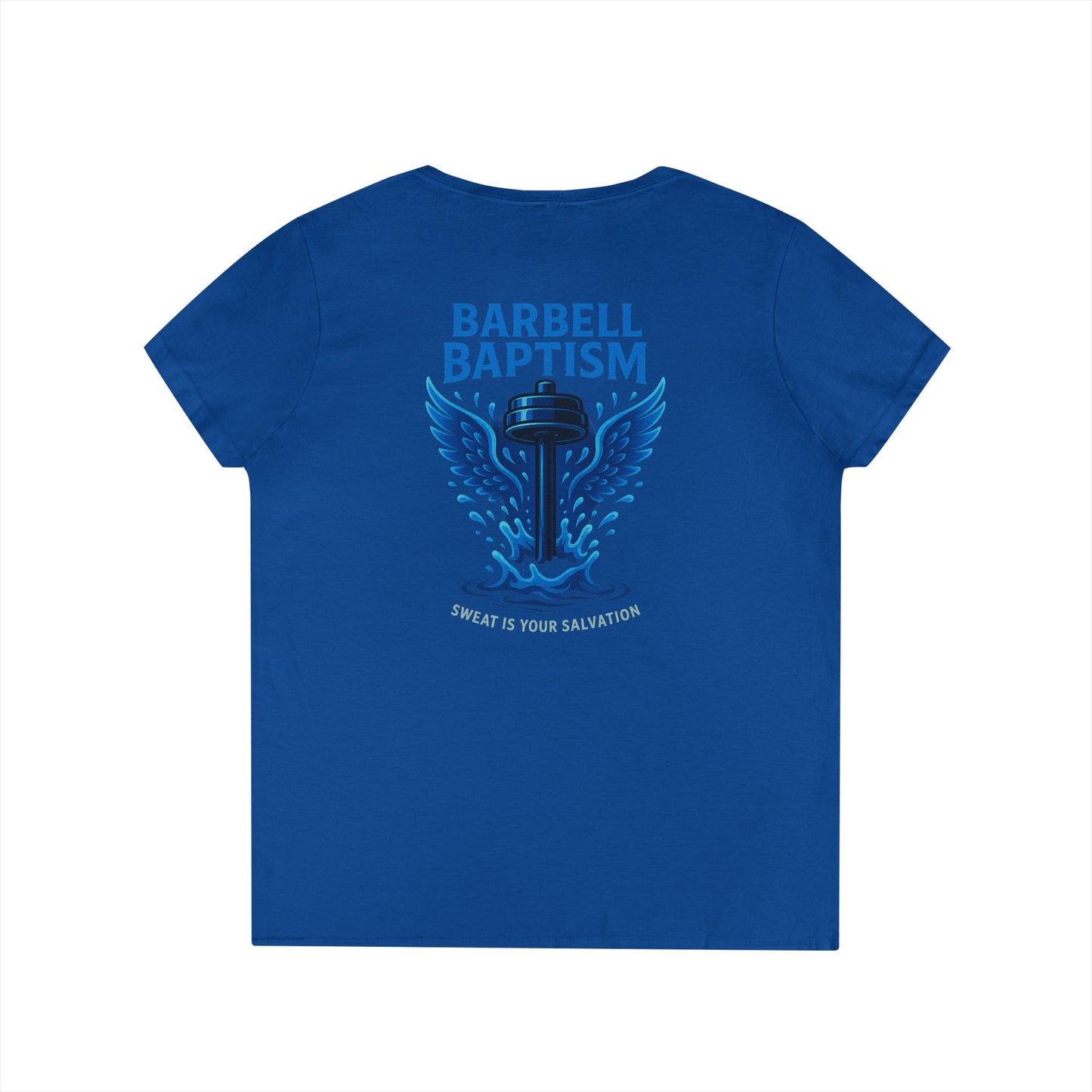 Barbell Baptism V-Neck T-Shirt (front logo + back design) – Gym Apparel