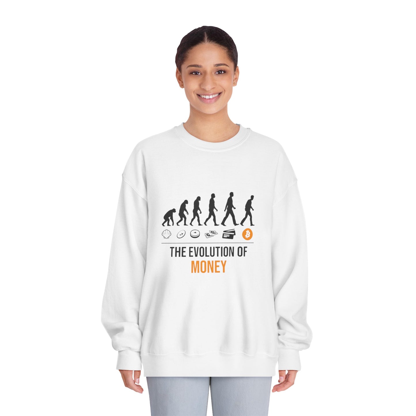 The Evolution of Money Crewneck Sweatshirt (front design) – Crypto Vault Pullover