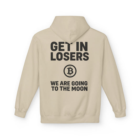 Get In Losers Bitcoin Moon Mission Midweight Softstyle Fleece Hoodie (front logo + back design) – Investor Apparel