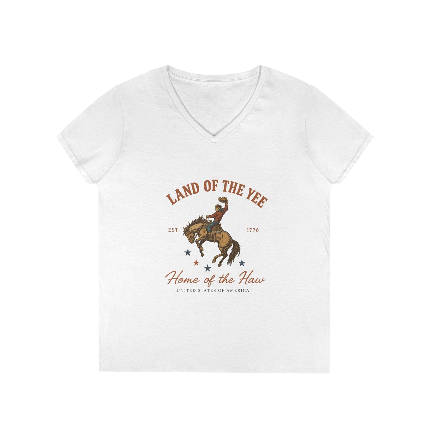 Land of the Yee, Home of the Haw Tee (front design) – Ladies V-Neck American Pride Shirt