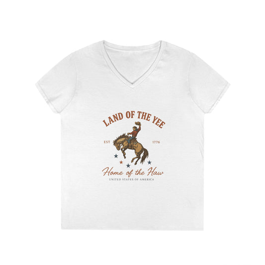 Land of the Yee, Home of the Haw Tee (front design) – Ladies V-Neck American Pride Shirt