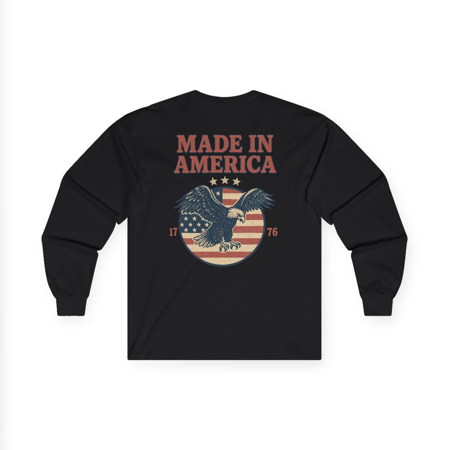 Made in America Long Sleeve Tee (front logo + back design) – American Pride Shirt