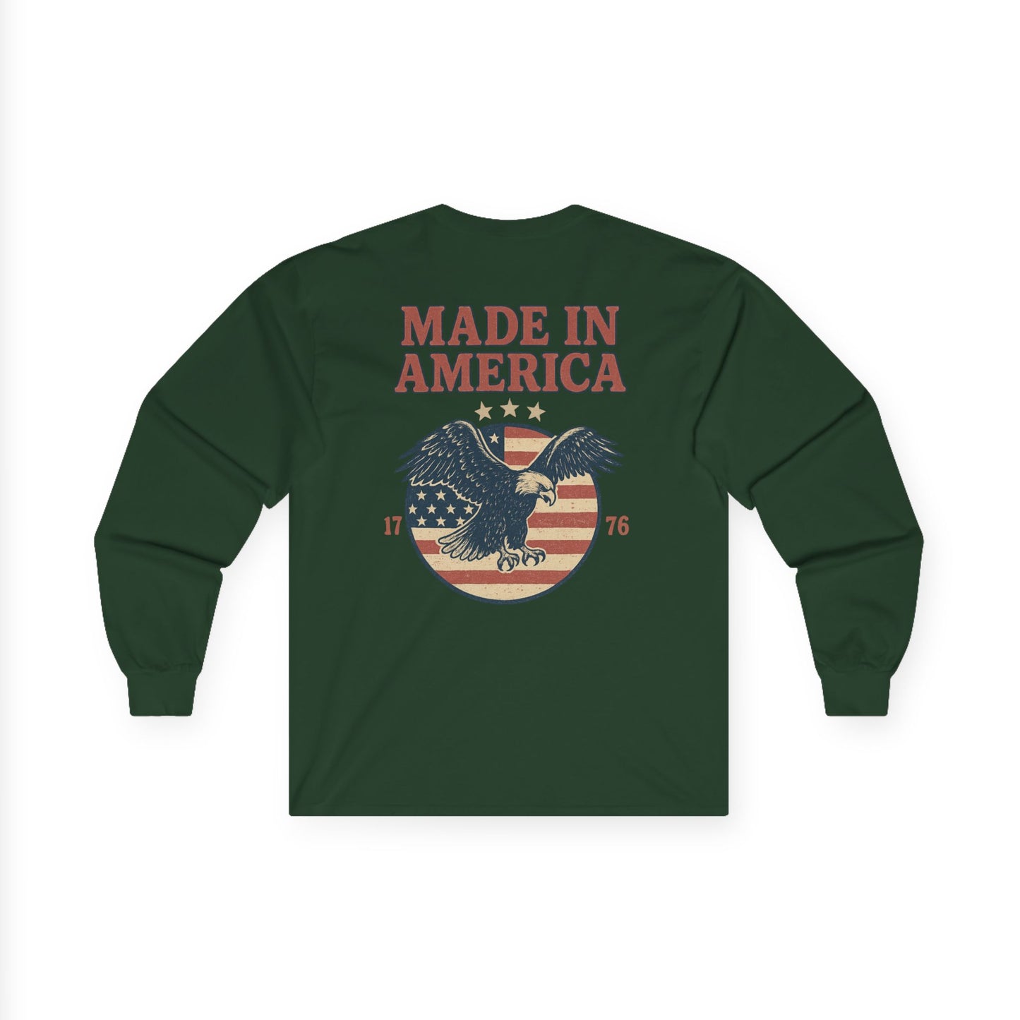 Made in America Long Sleeve Tee (front logo + back design) – American Pride Shirt